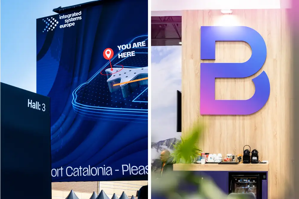 Detalles visuales de feria internacional y asistentes interactuando con tecnología, fotografía profesional de evento corporativo en Barcelona.