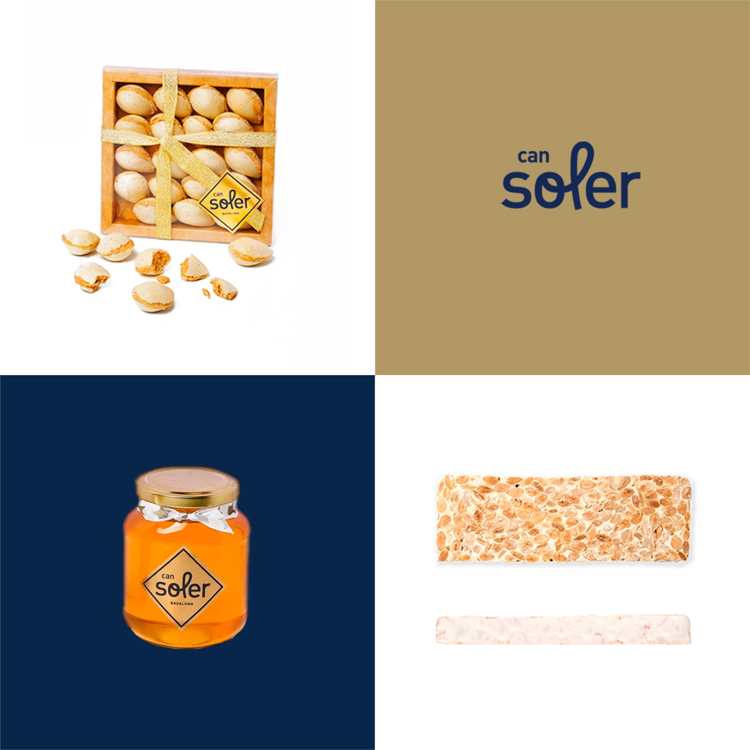 Detalle de productos Can Soler mostrando miel, turrones y almendras rellenas en fotografía de producto