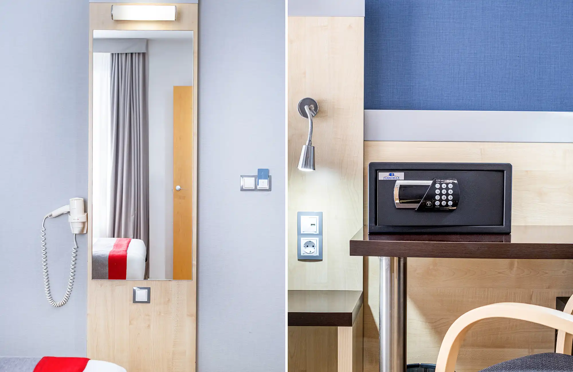 Detalles del dormitorio de un hotel con teléfono, espejo, caja fuerte y escritorio de madera