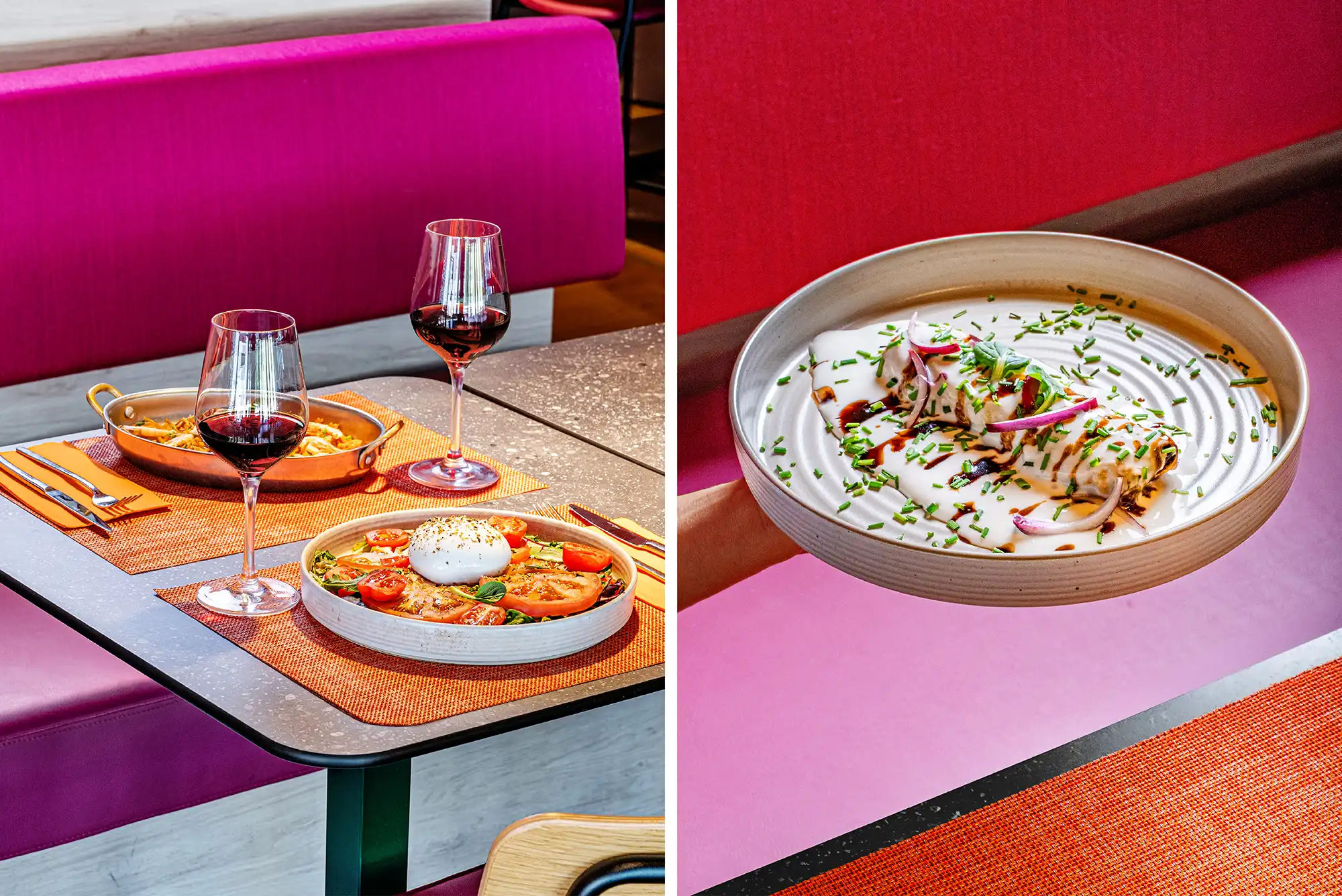 Selección de platos servidos en mesas de colores del restaurante del hotel.