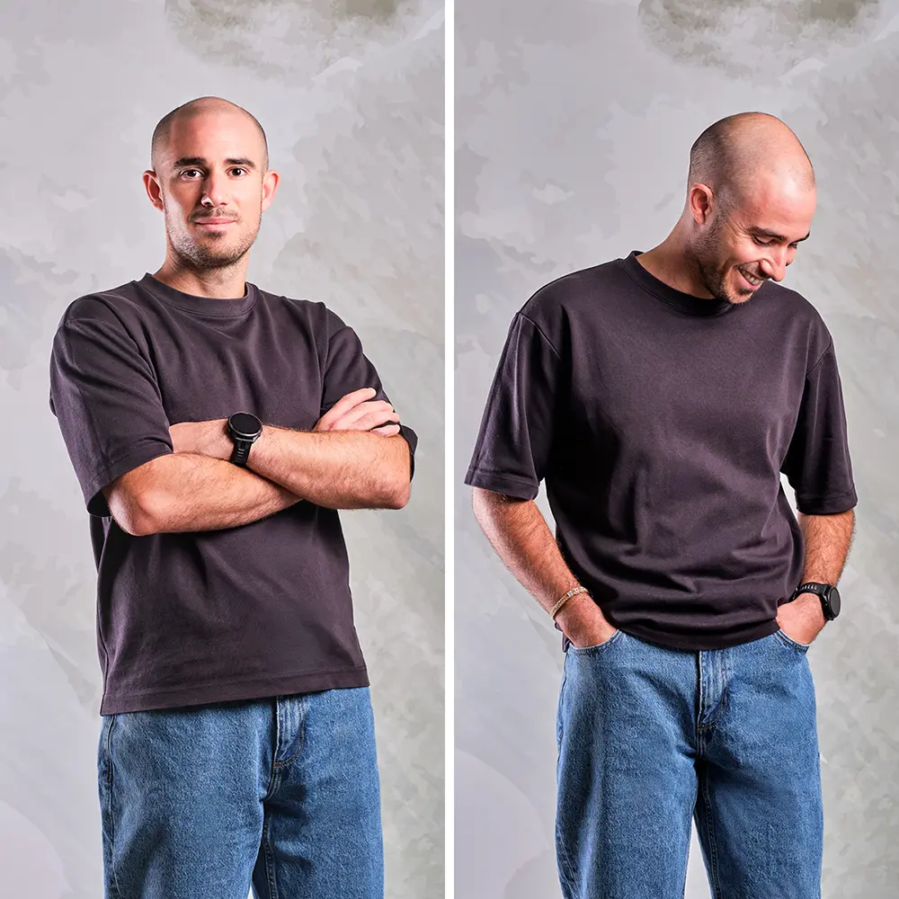Dos retratos corporativos, de pie, de un integrante del equipo de BOATS GROUP con ropa relajada