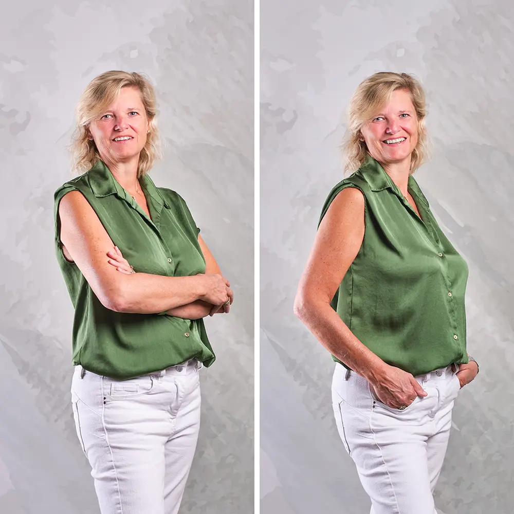 Dos retratos corporativos de un integrante del equipo de BOATS GROUP con camisa verde
