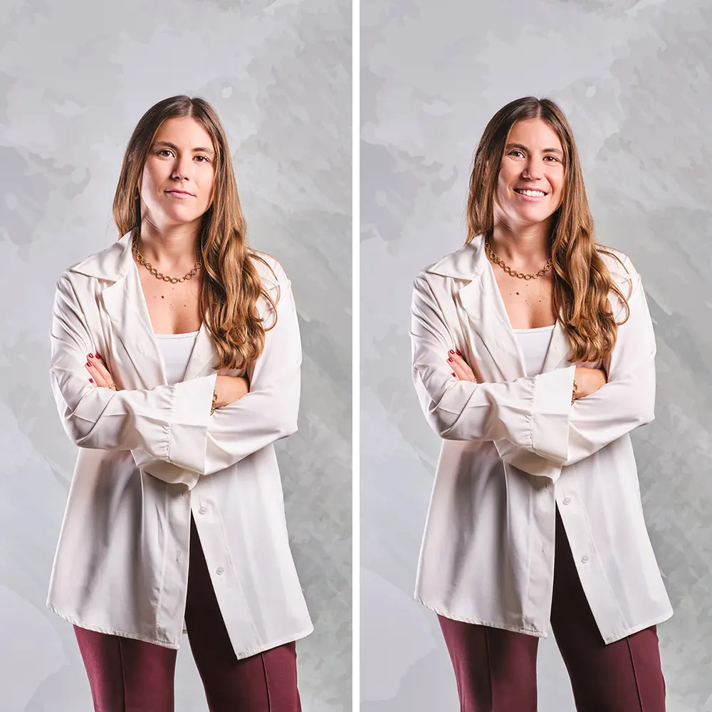 Dos retratos corporativos de un integrante del equipo de BOATS GROUP con camisa blanca