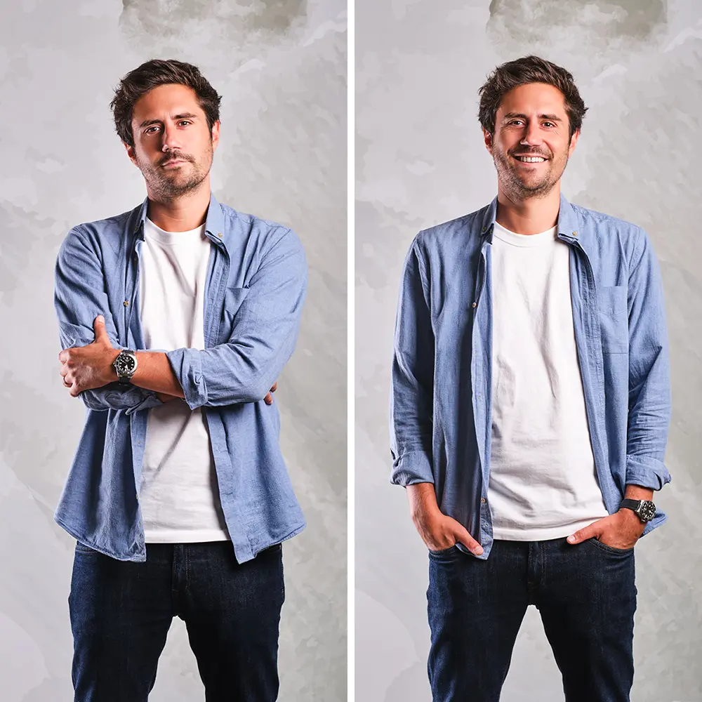 Dos retratos corporativos, de pie, de un integrante del equipo de BOATS GROUP con camisa tejana