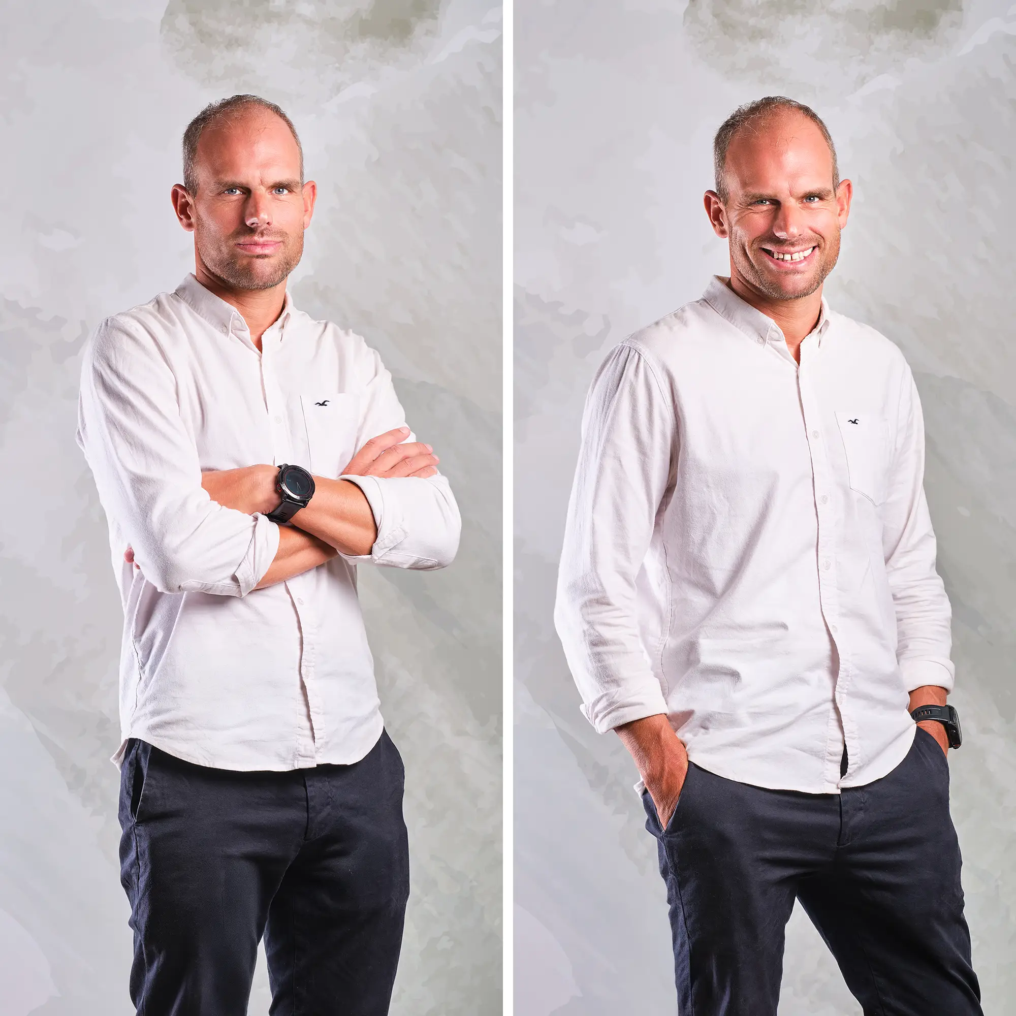 Dos retratos corporativos, de pie, de un integrante del equipo de BOATS GROUP con camisa blanca