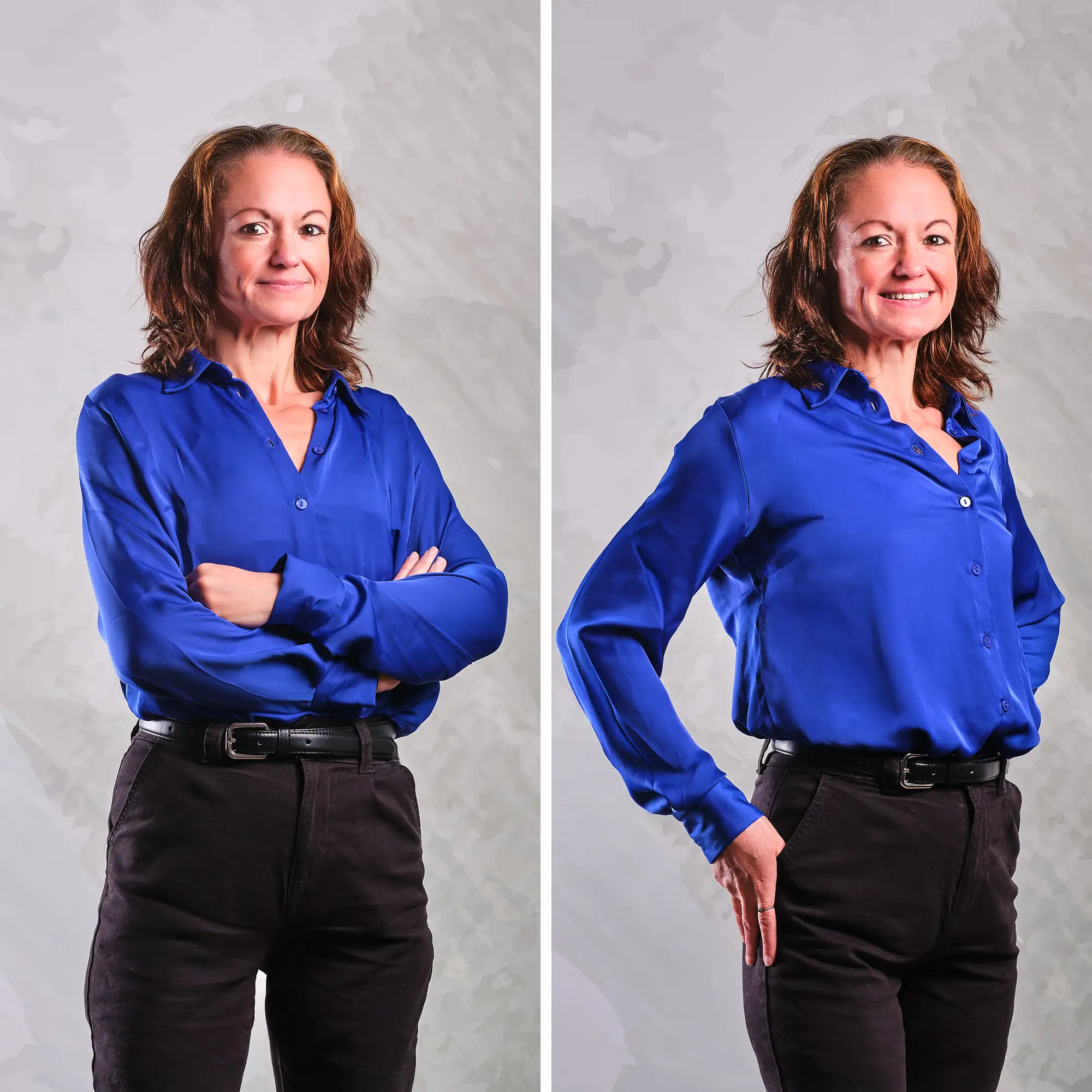 Dos retratos corporativos, de pie, de un integrante del equipo de BOATS GROUP con camisa azul electrico