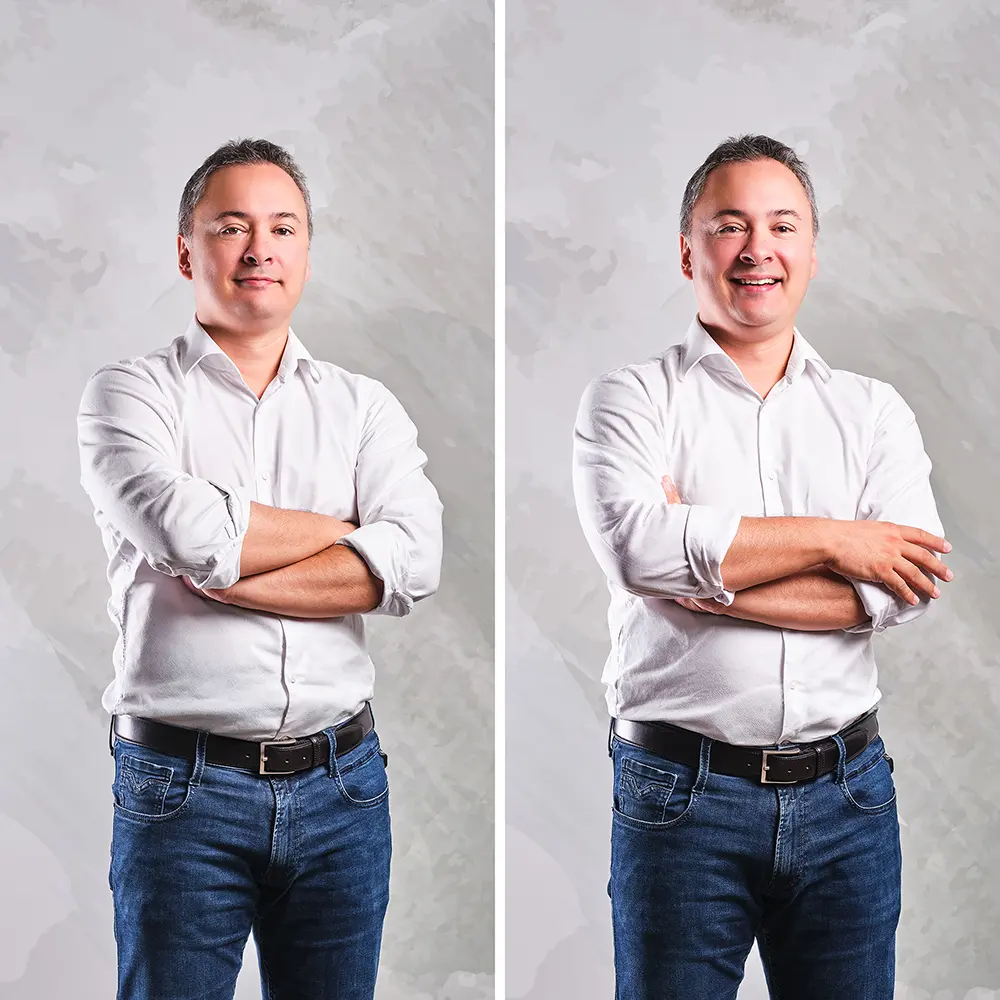 Dos retratos corporativos, de pie, de un integrante del equipo de BOATS GROUP con camisa blanca y tejano