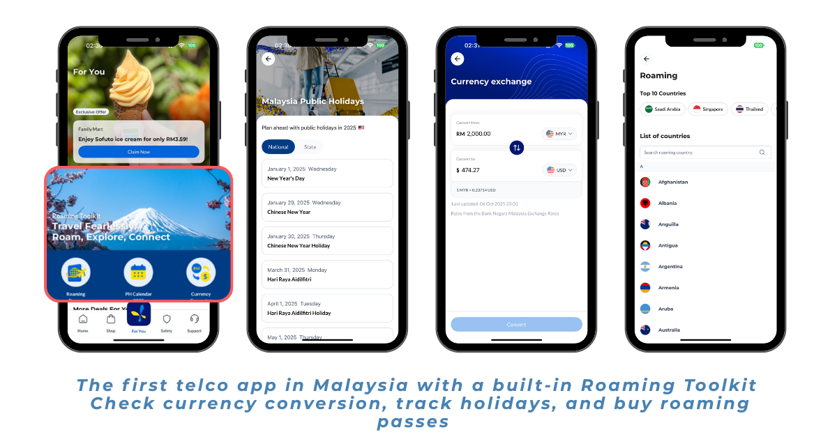 CelcomDigi app | Buy roaming passes | Check Malaysian public holidays | Convert currency
