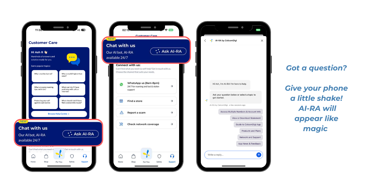 CelcomDigi App | Customer support | Ask AI-RA | AI bot | 24/7 customer support