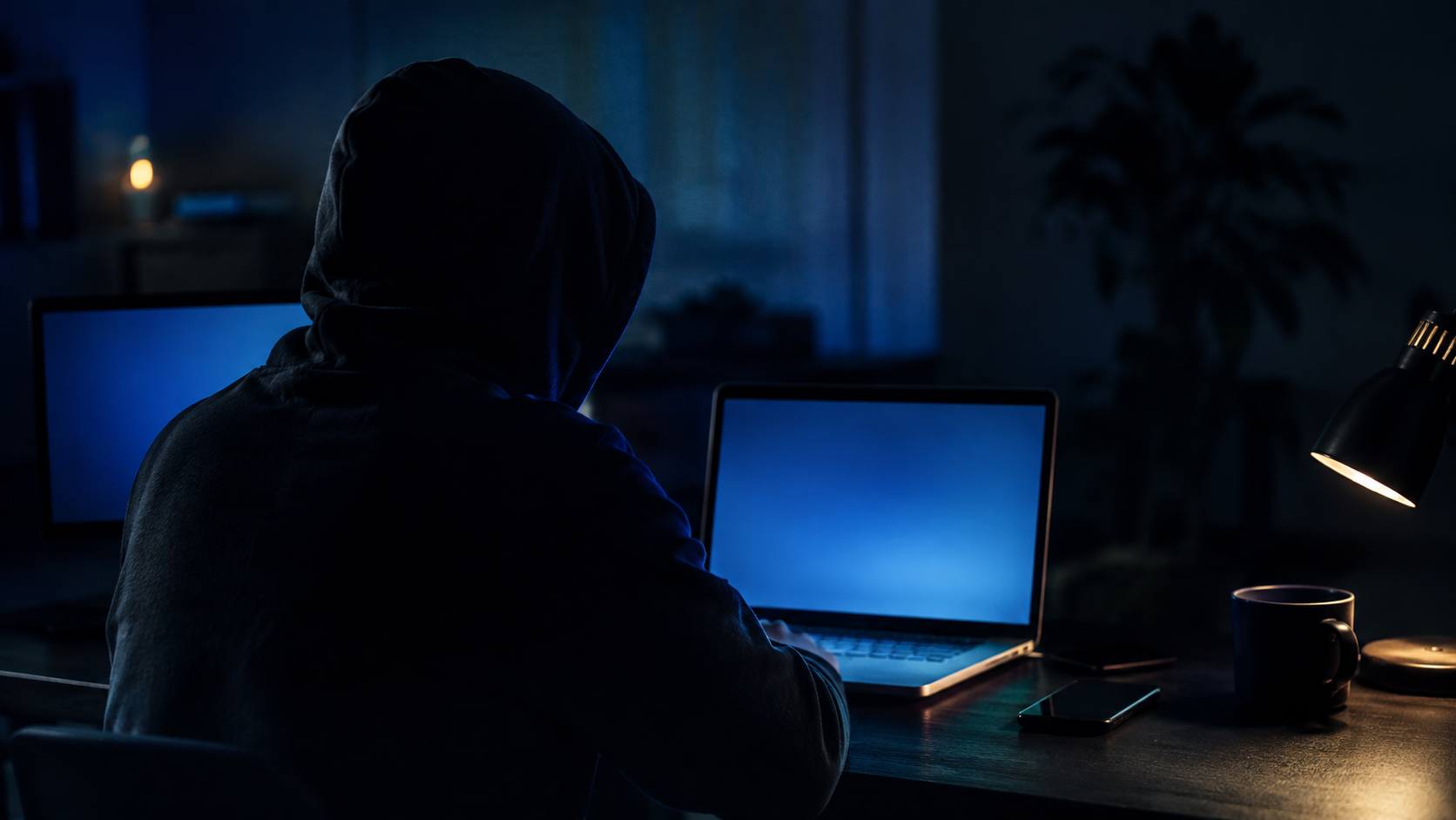 Person using a laptop in a dark room representing online scam risks