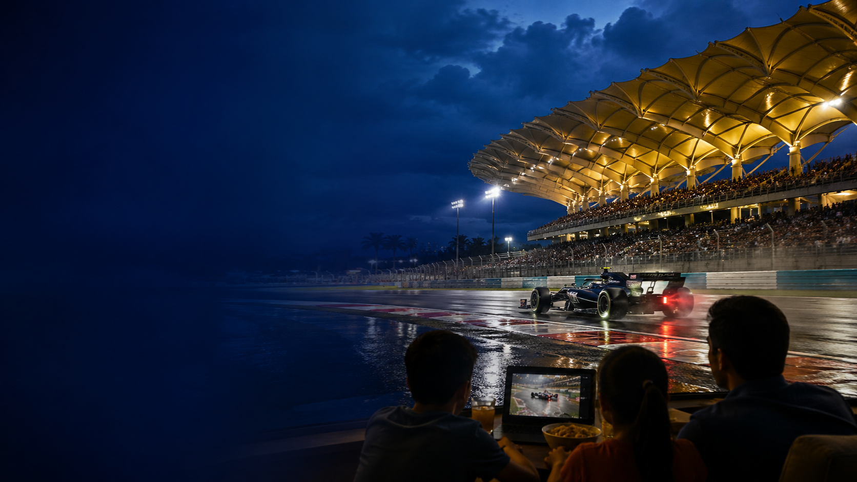 Formula-style race car on a Sepang-inspired circuit in Malaysia