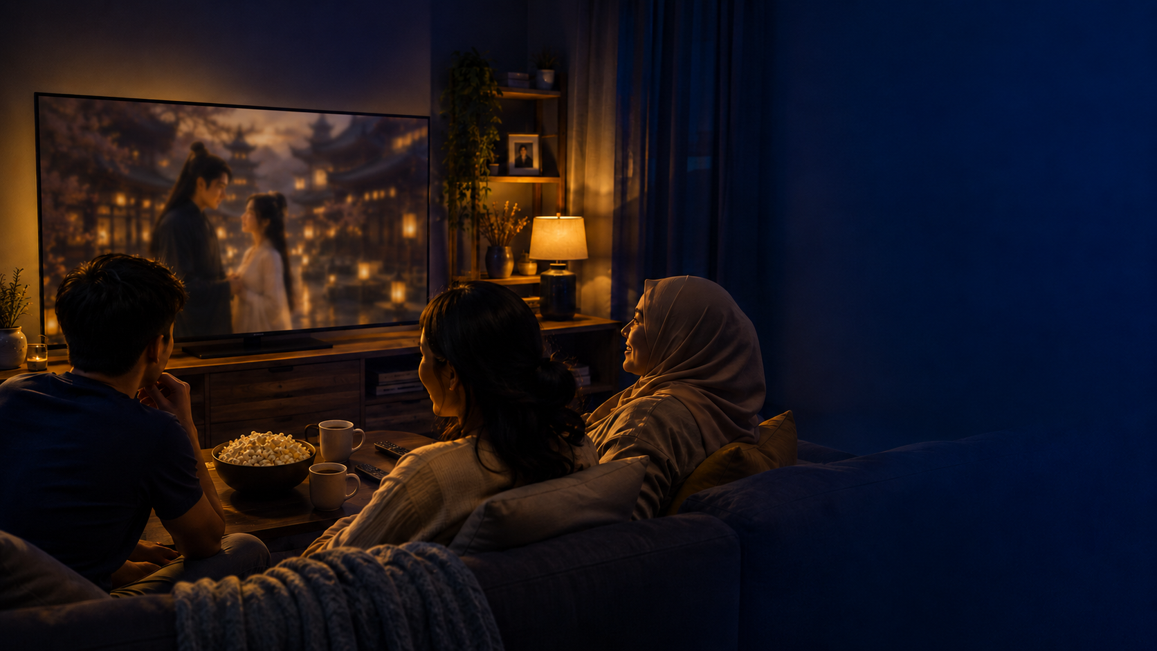 Family watching an Asian drama together at home at night