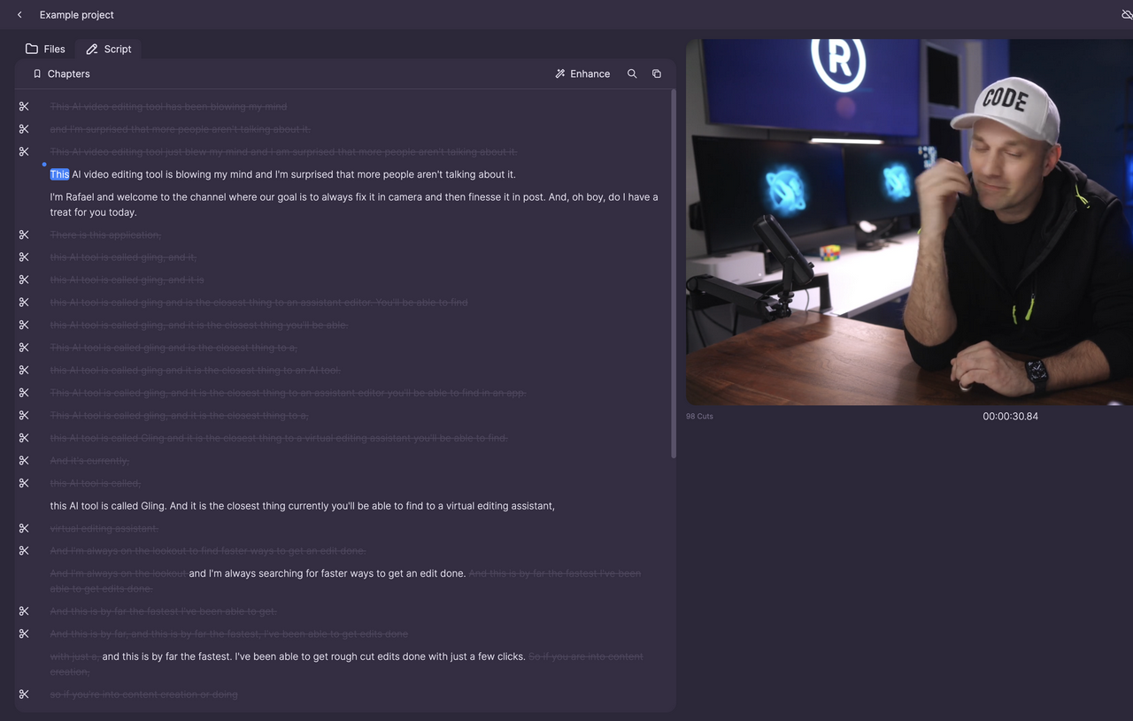 Gling's built-in Example project showing its video, transcript and saved cuts