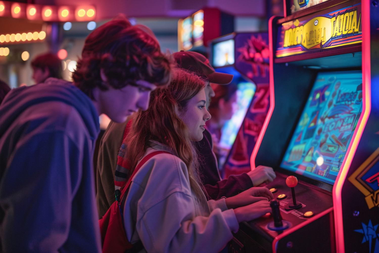 Two people playing a neon-lit arcade cabinet