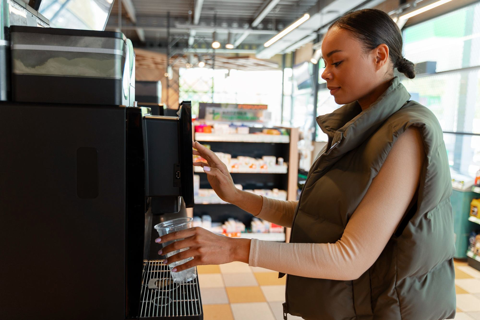 A customer using a self-serve machine in a micro market
