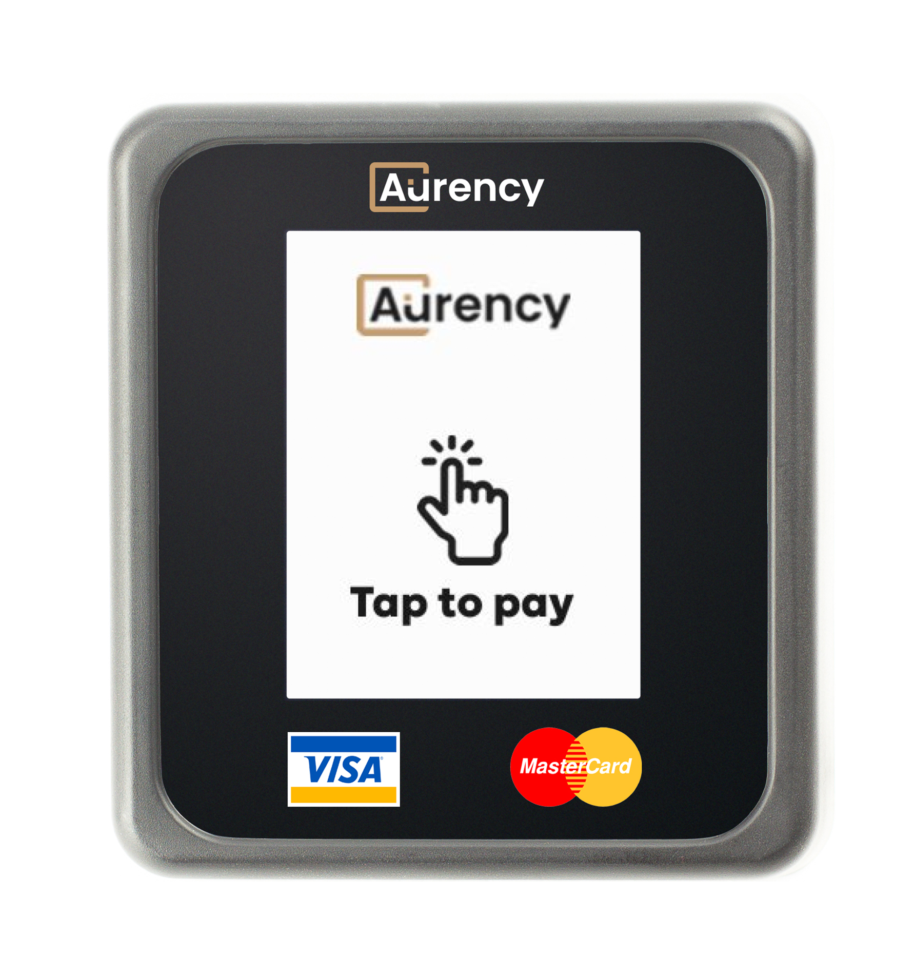 Aurency A250 terminal showing the tap-to-pay screen