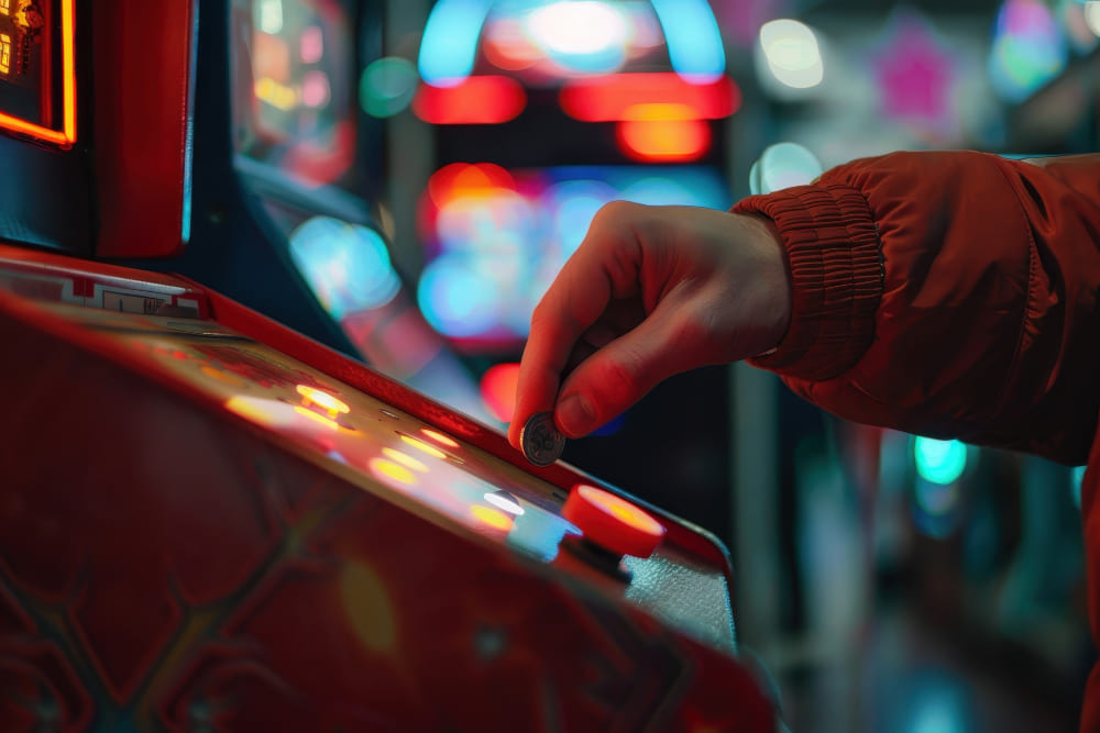 Hand inserting a coin into a redemption arcade cabinet