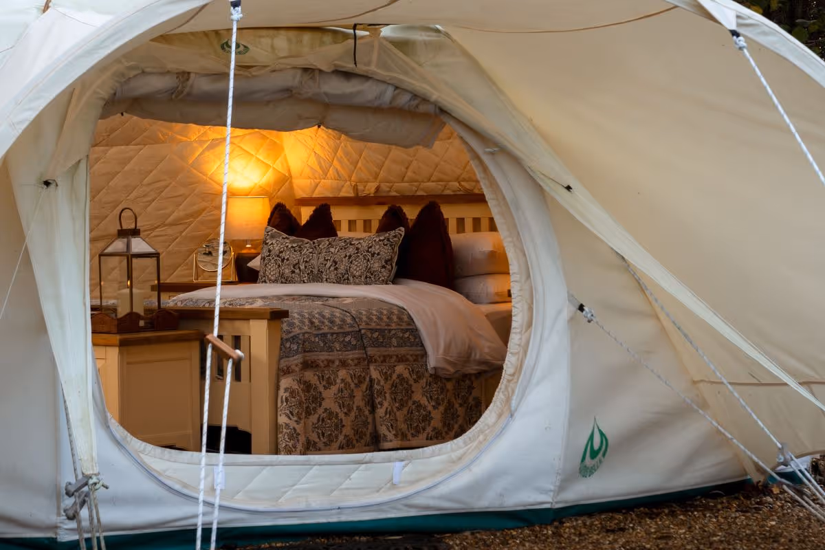 Bell Tent glamping looking through to the interior