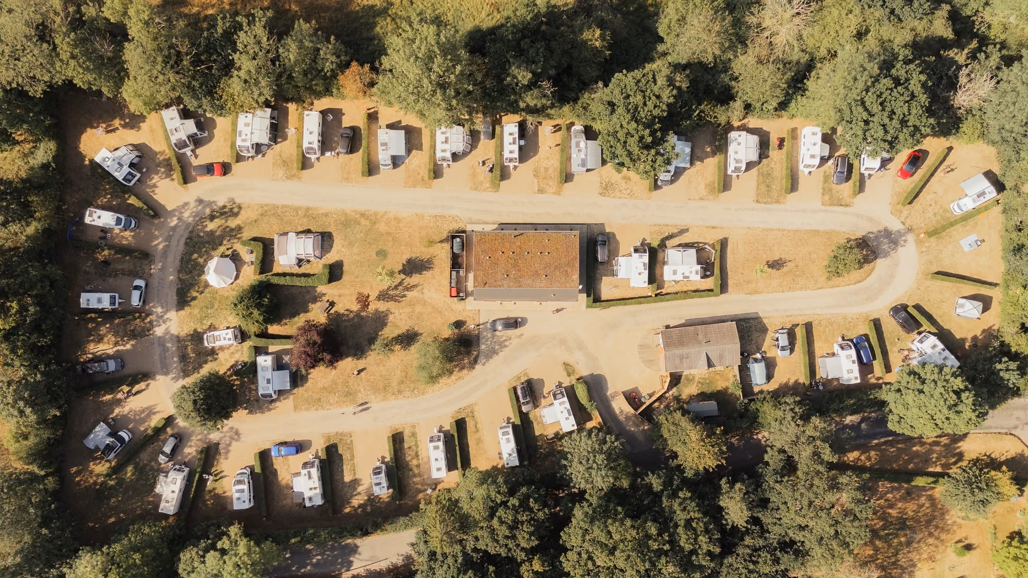 Overhead aerial view of Deer’s Mead touring pitches.