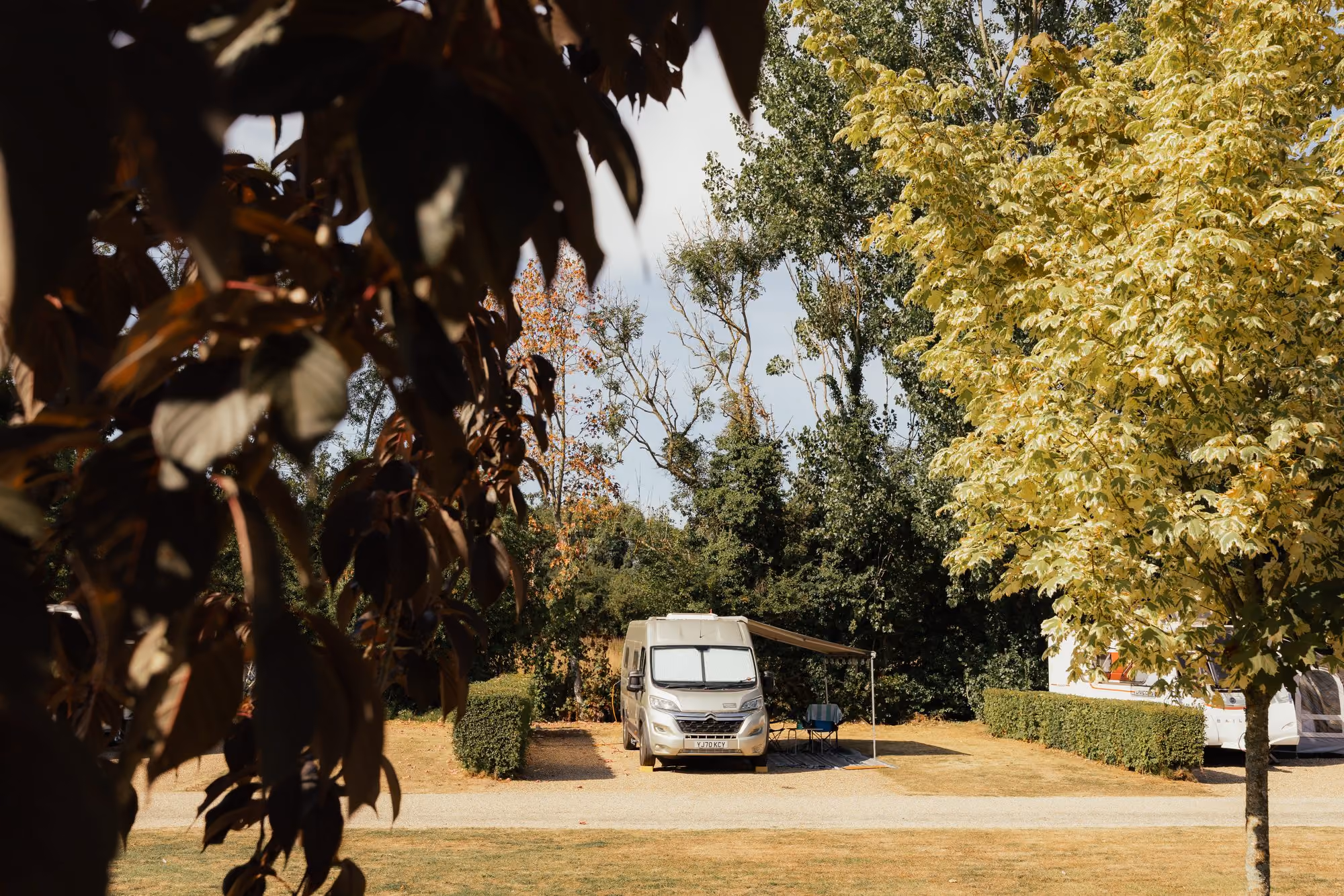 Motorhome parked on a spacious, tree-lined pitch at Deer’s Mead.