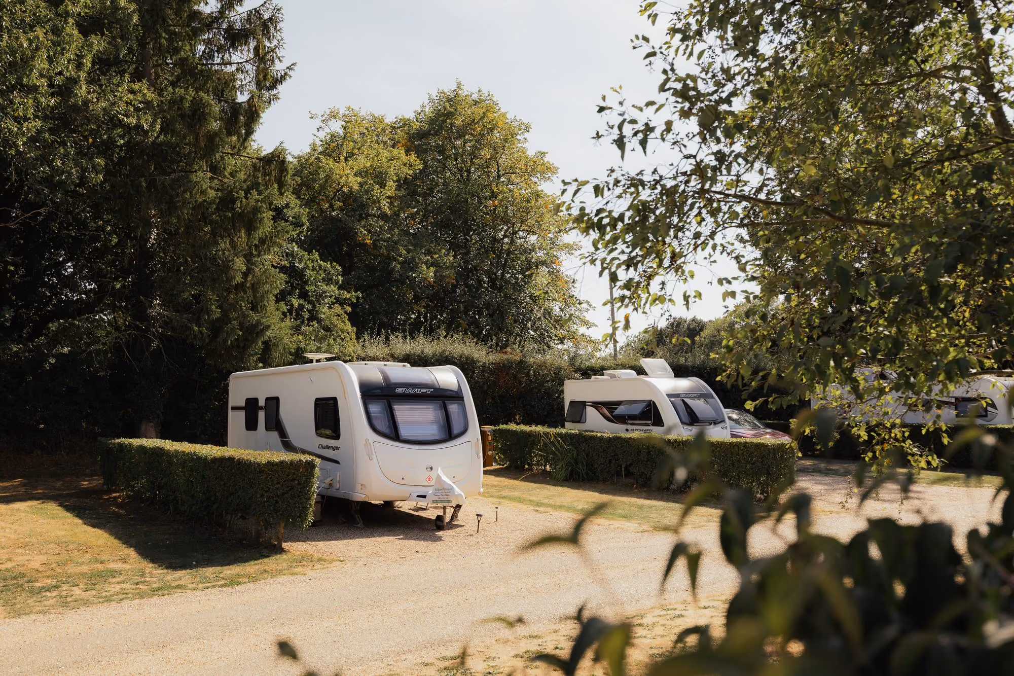 Caravan pitches surrounded by trees and hedges at Deer’s Mead.