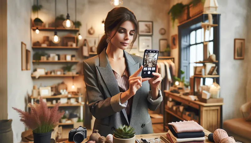 Entrepreneuse mettant en ligne ses produits sur son application