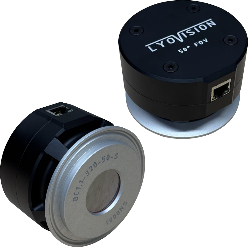 Two LyoVision cameras showing the top label and the sanitary flange with germanium window