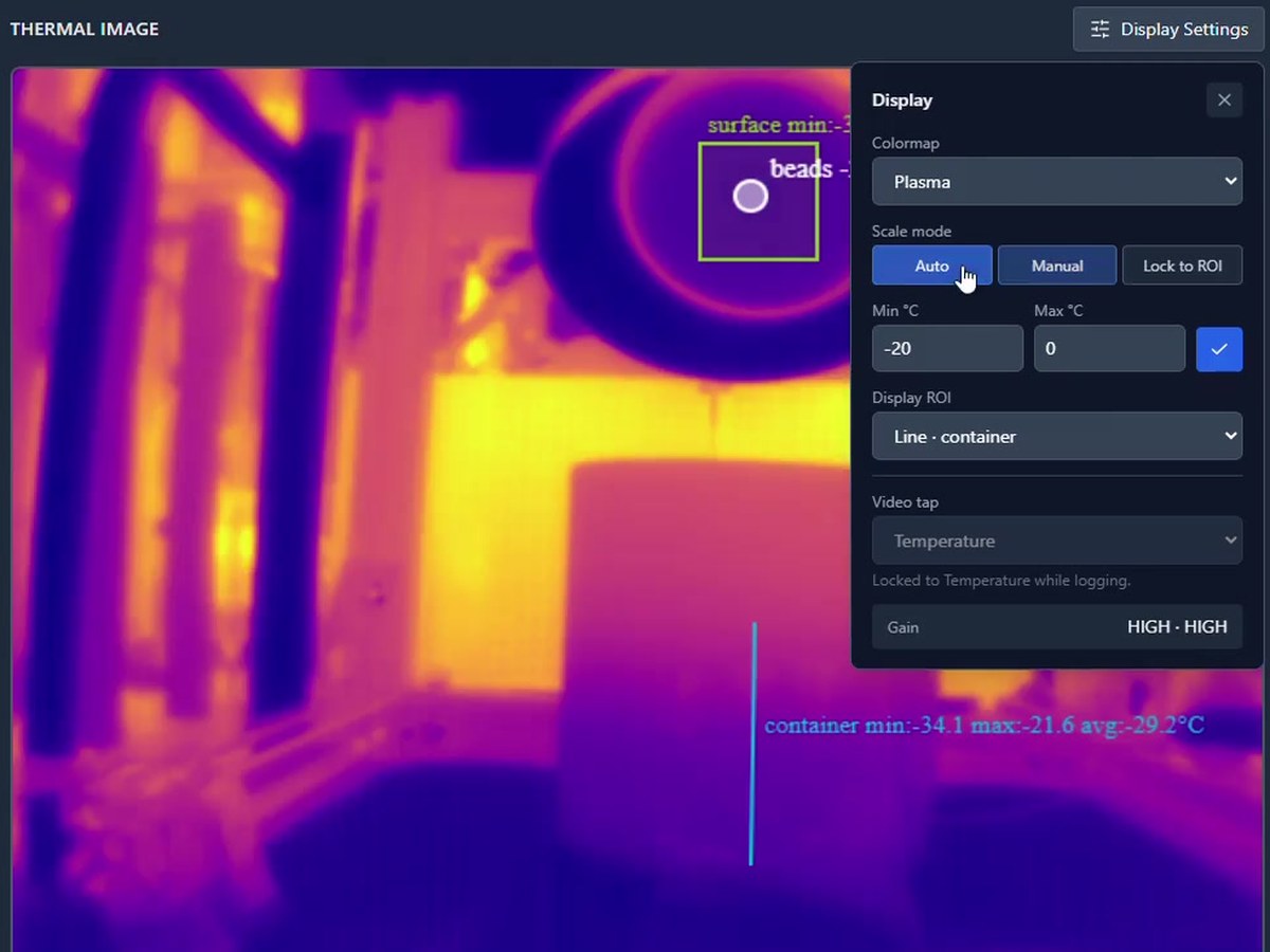 LyoVision software display settings with colormap, auto, manual, and ROI-locked scaling