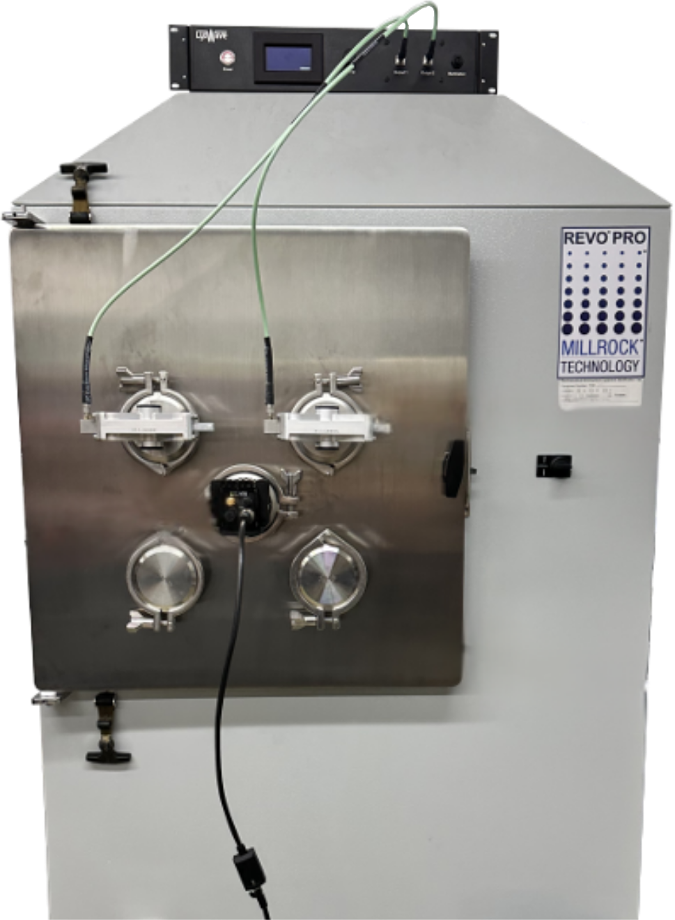 Millrock REVO freeze dryer fitted with a LyoWave RF source on top, TurboDry RF ports on the door, and a LyoVision camera