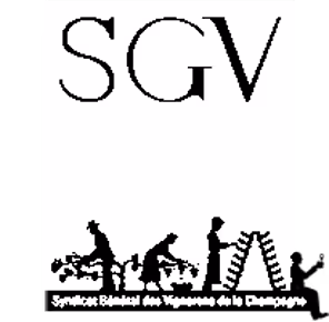 Logo SGV avec des silhouettes de viticulteurs travaillant dans une vigne en bas.
