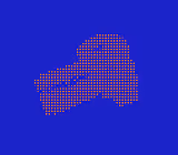 Carte pointillée rouge et orange représentant une forme géographique sur un fond bleu.