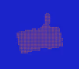 Icône de pouce levé composée de points orange sur fond bleu.