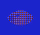 Un motif en forme de lentille composé de points rouges et blancs sur un fond bleu.