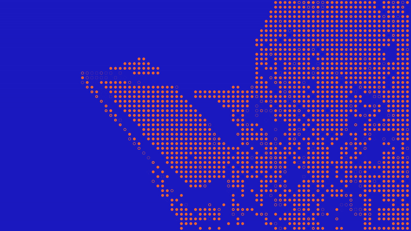 Motif abstrait composé de points orange formant un dessin géométrique sur un fond bleu.