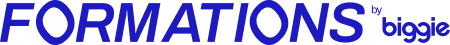 Logo bleu avec le texte FORMATIONS suivi de 'by biggie' plus petit.