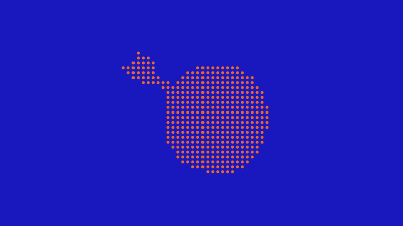 Points orange formant une silhouette de grenade sur fond bleu.