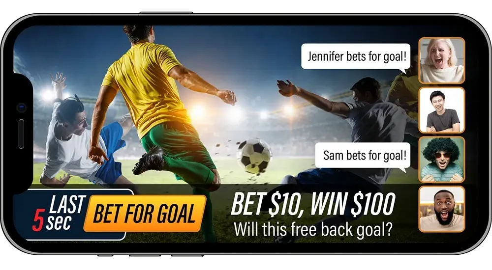 A smartphone displays an app with a live soccer game and integrated betting