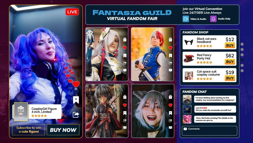 Live stream of a vibrant cosplay-themed virtual event screen showing costumed attendees with live chat and items for sales on the right