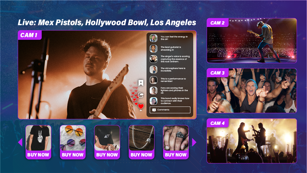 Multi-camera live stream of a rock concert featuring a guitarist performing on stage and crowd reactions