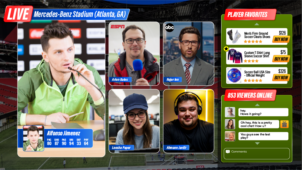 A live sports feed featuring a panel of five commentators with user generated content on right-panel showing player favorites for purchase