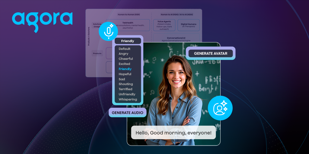 AI teaching avatar with voice controls and real-time conversational technology.