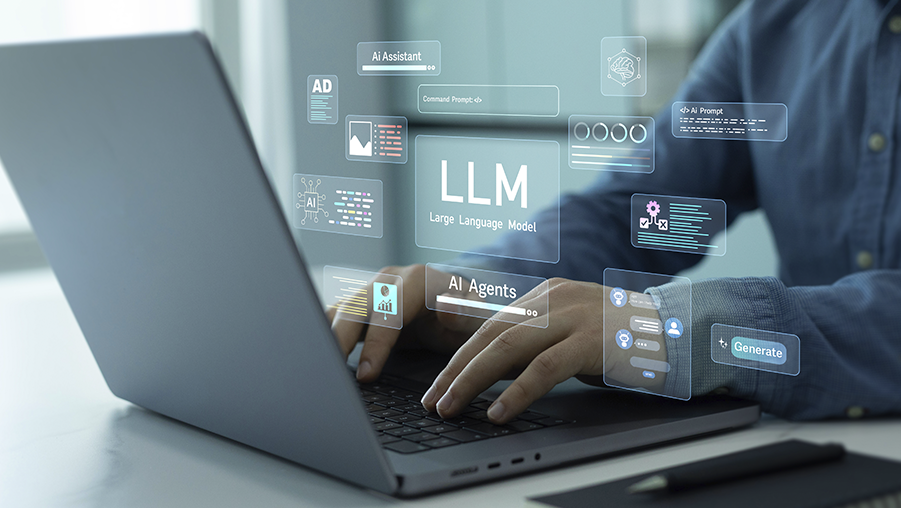 A laptop user with illustrated large language model and AI agent interfaces.