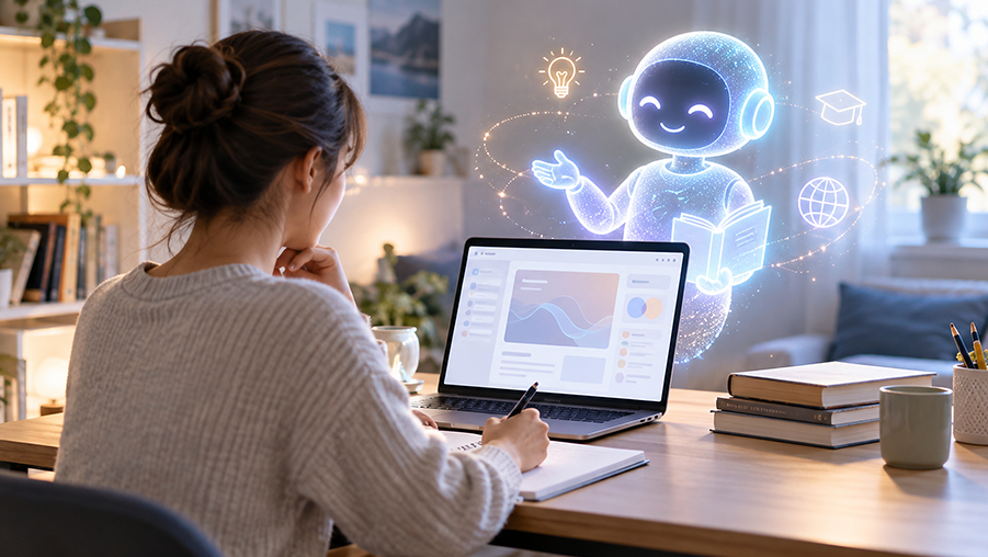 A student studying at a laptop with an illustrated AI tutor avatar.