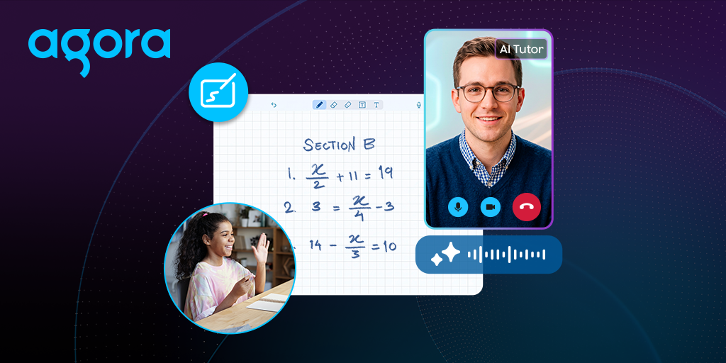 Student speaking with an AI tutor beside a digital whiteboard.