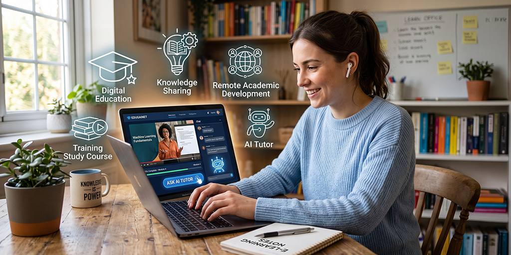 Student using an AI tutor on a laptop for digital education and academic development.