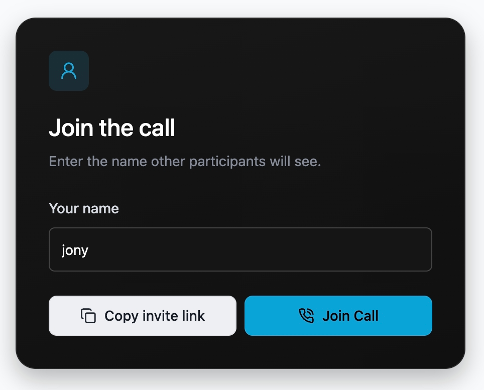 Join the call screen with name field, Copy invite link, and Join Call buttons