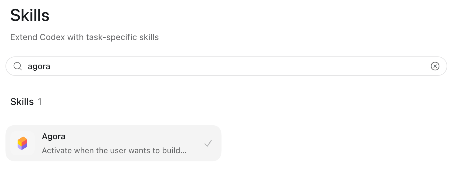 Agora Skill shown as installed in the Codex Skills list