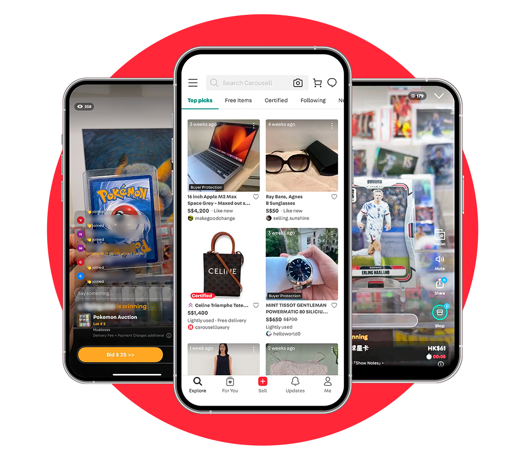 Carousell Live screens showing product discovery and a live trading-card auction