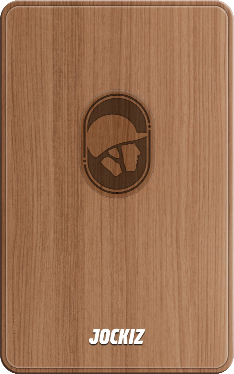 A wooden case with a logo on it.