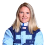 A woman in a blue and white uniform.